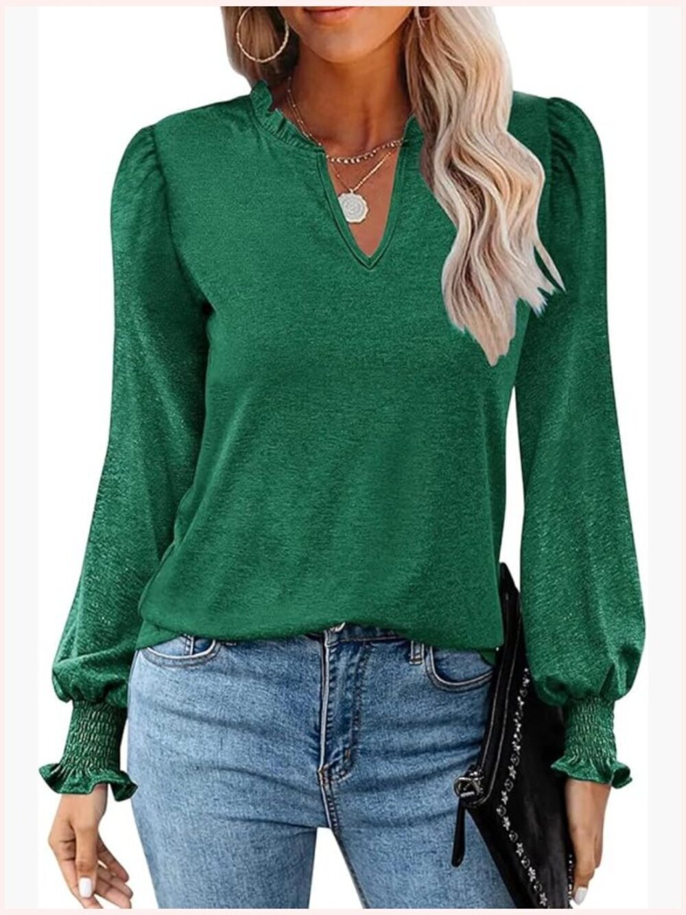 V Neck Ruffle Cuff Tunic Blouse Long Sleeve Dressy Casual Top